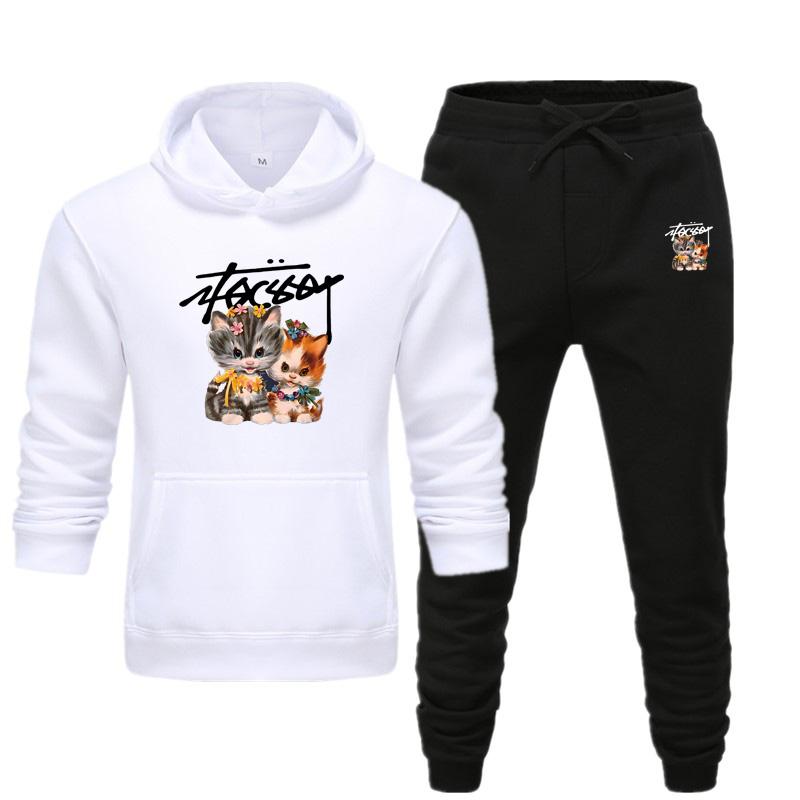 Men's and Women's New Autumn and Winter Plus-size CARTOON CAT Printed Hooded Sportswear Casual Sportswear Set