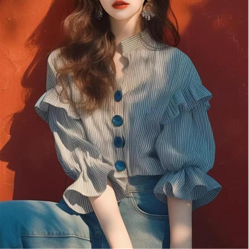 Summer Popular Trend Niche and Unique Top Stylish and Chic Super Good-looking Black and White Striped Ruffle Edge Shirt
