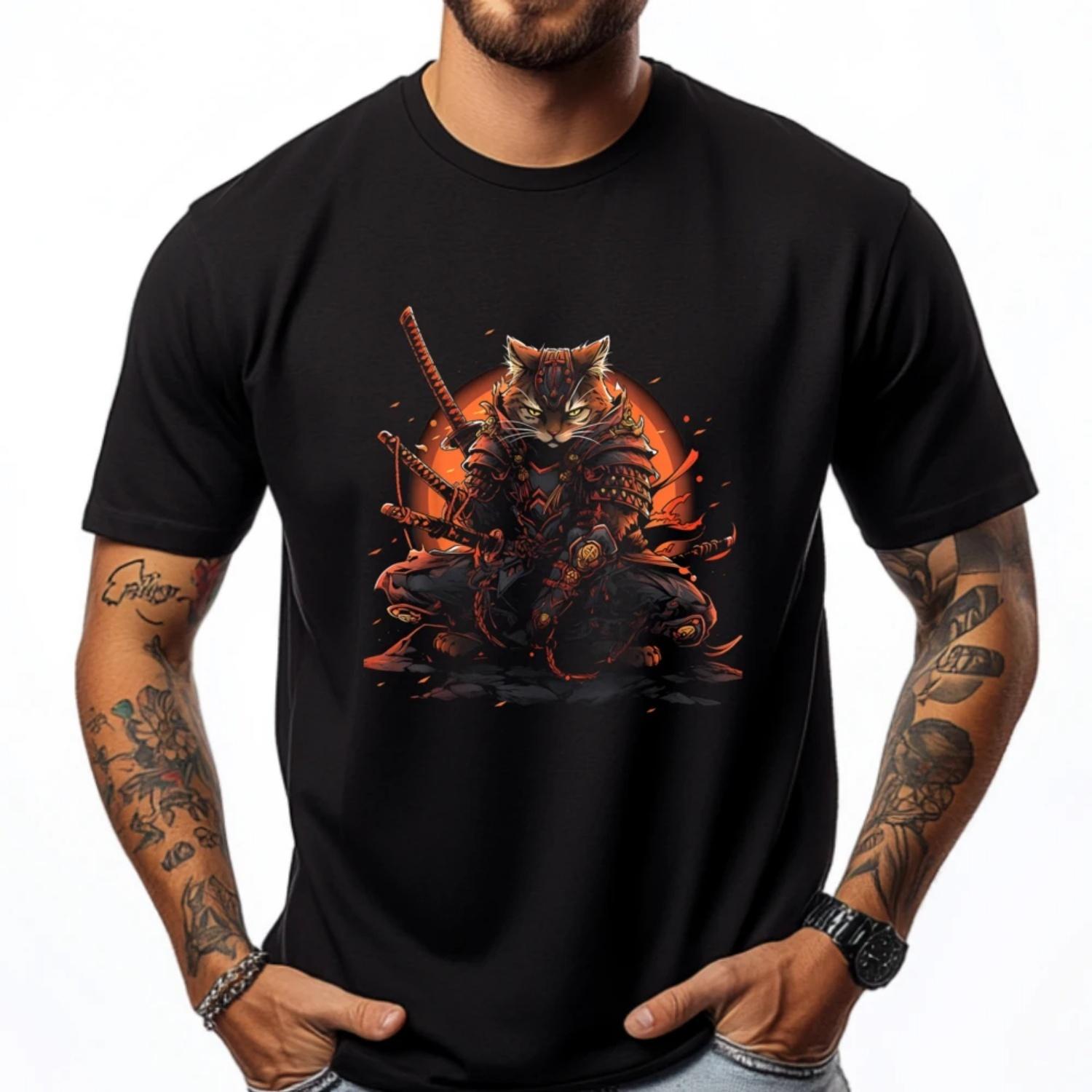 Cat Samurai Ninja Cat Samurai Art Ukiyo E Camisas Basicas Hombre T Shirt Men Black Graphic T Shirts Men s Clothing Printed S чёрный