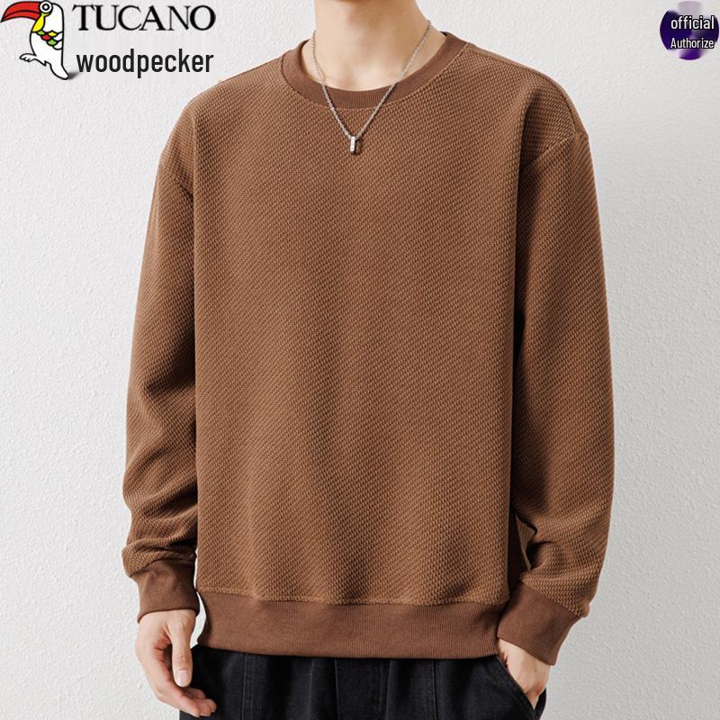 Woodpecker Men's Waffle Knit Long Sleeve T-Shirt - Round Neck, Thick Cotton, Versatile Casual Base Layer for Spring and Autumn