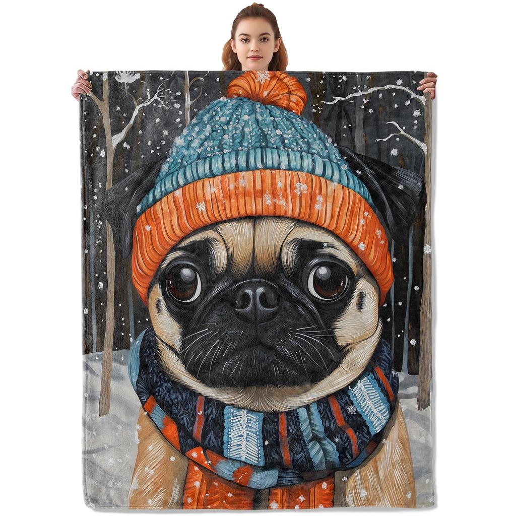 Pug Blanket Cute Pet Puppy Dog Fleece Throw Blanket Soft Lightweight Cozy Plush Flannel Blanket for Sofa Couch Bed Living Room