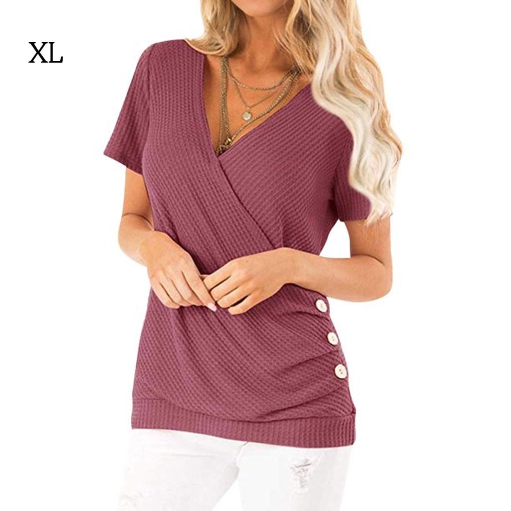 Women Buttons Dide Decor Wrapped V Neck Short Sleeve Shirt