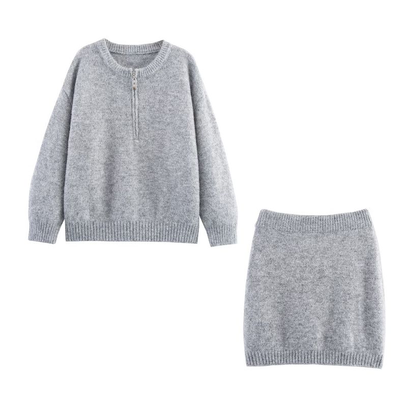 

Kaslead New Women clothes Western Style round Neck Half Zipper Pullover Knit sweater Short Skirt sets Light gray One size