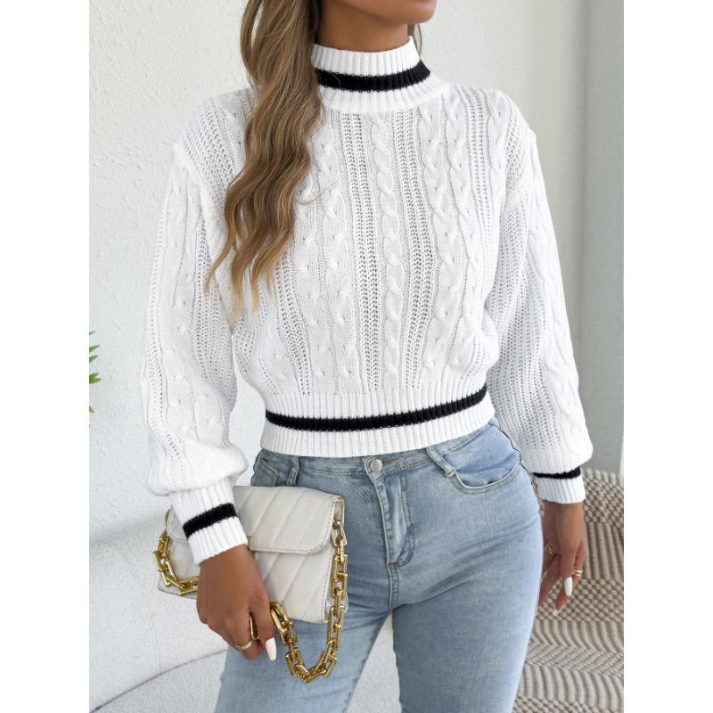 Women S Casual Color Block Half High Neck Waist Tightened Lantern Sleeve Sweater