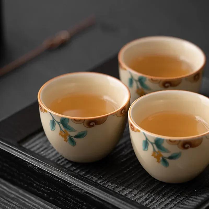 1 Pc Chinese Tradition Ru Kiln Tea Cup Hand Painted Leaves Pattern Ceramic Tea Bowl Household Teaware Handmade Teacup 50ml
