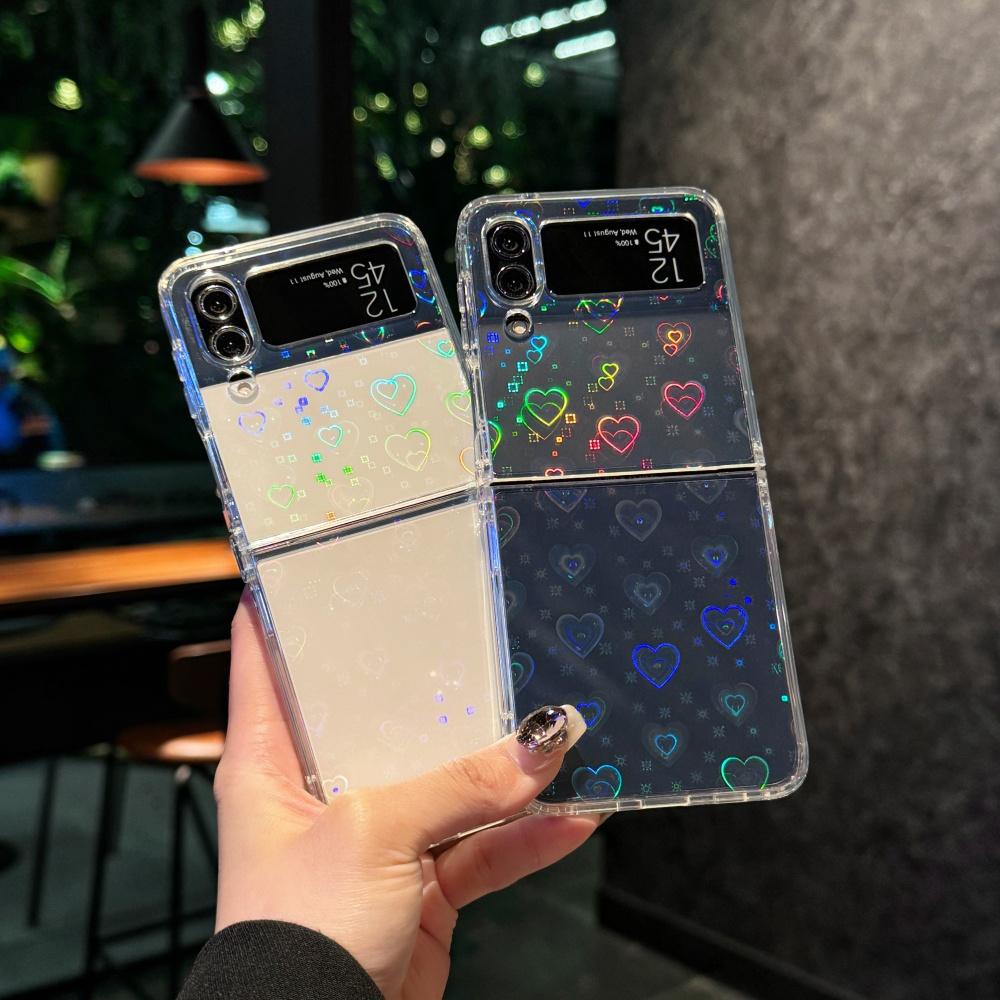Luxury Laser Heart Flash Phone Case For Samsung Galaxy Z Flip 6 5 4 3 Zflip6 Zflip5 Zflip4 Zflip3 Transparent Folding Funda