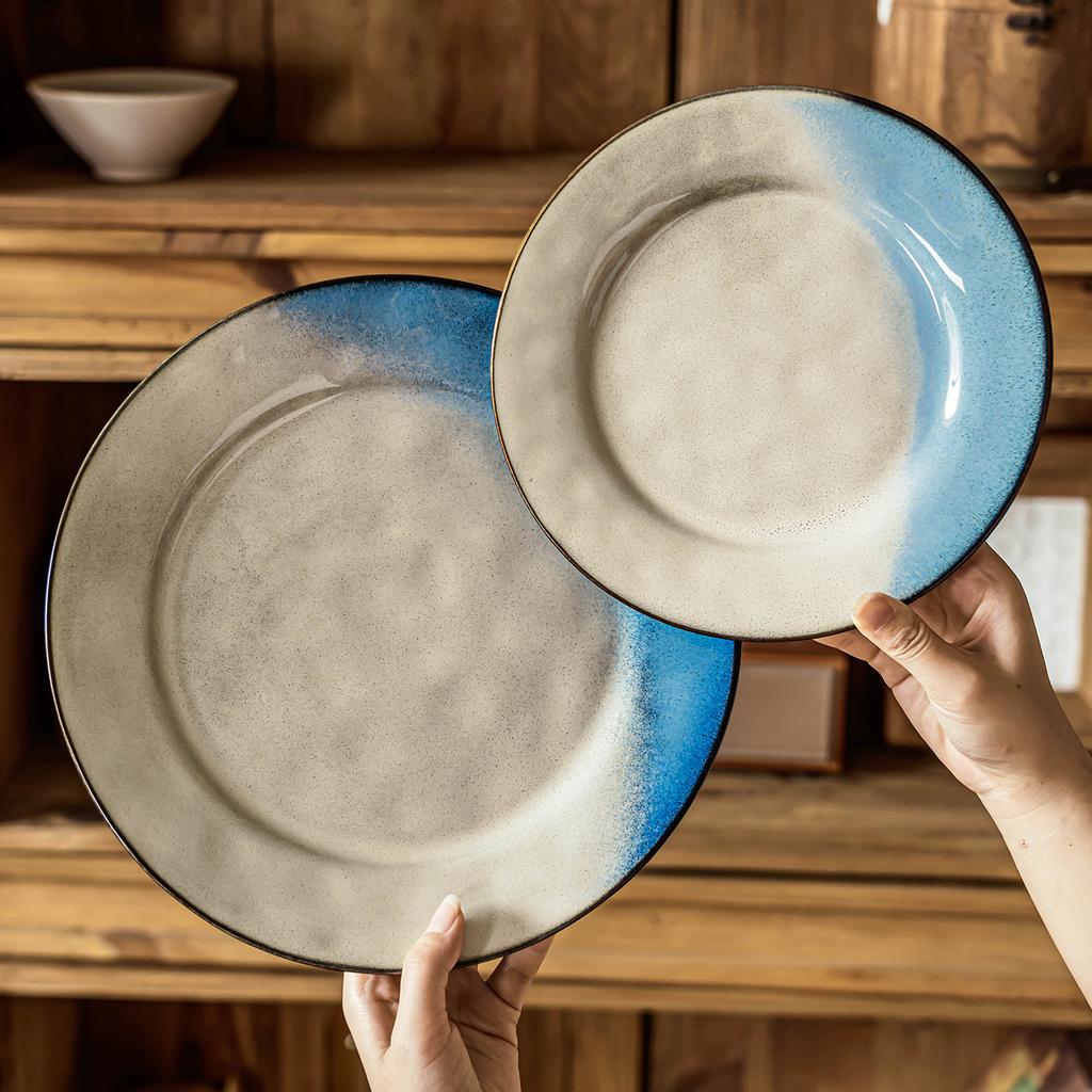 Creative Color Matching Plate Ceramic Plate Light Plate Tableware Round Large Plate Retro Style Household Dish Dessert Plate