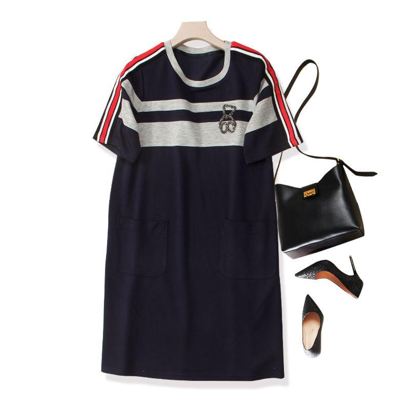 

Summer Skirt Should Be Breathable and Non-Stick! College Style Women s Cotton Horizontal Striped Short Sleeve A- line Open Pocket Dress New Dark blue 3XL