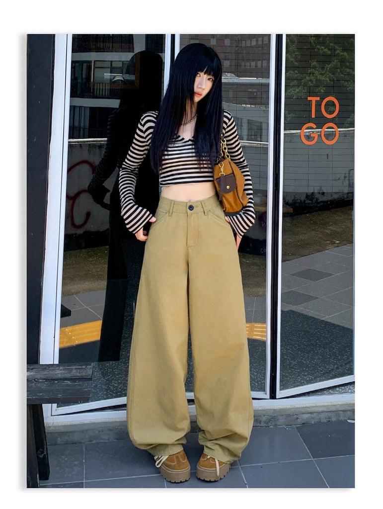 Autumn 2025 Khaki High-Waist Loose Straight-Leg Women's Jeans - Casual, Slimming, Fashionable Wide-Leg Pants