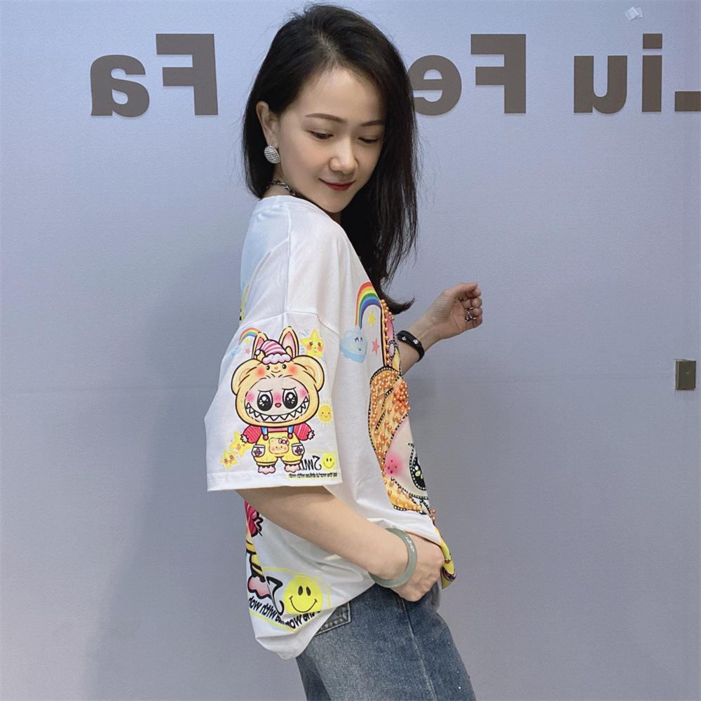 Plus Size Short Sleeve T Shirts Women Summer Clothing Embroidered Flares Cartoon Printed Diamonds Casual Loose O Neck Knitwear