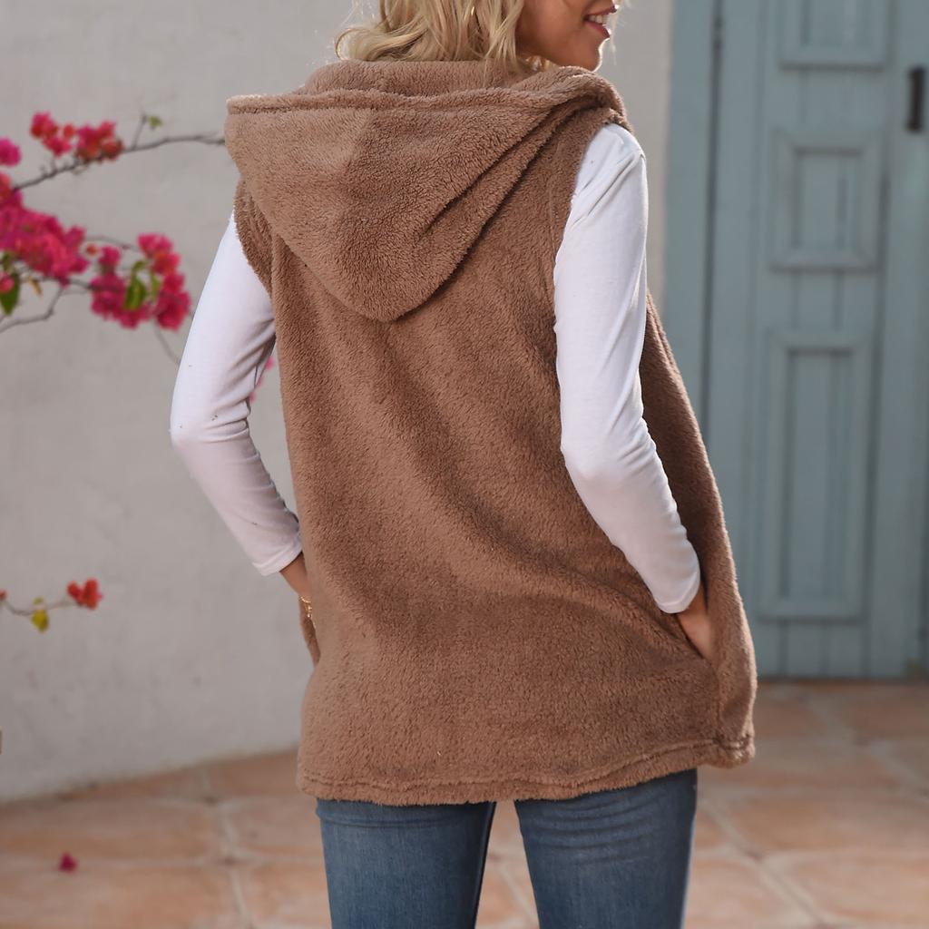 Women's Fashion Solid Color Casual Coat Plush Vest Hooded Top With Pockets