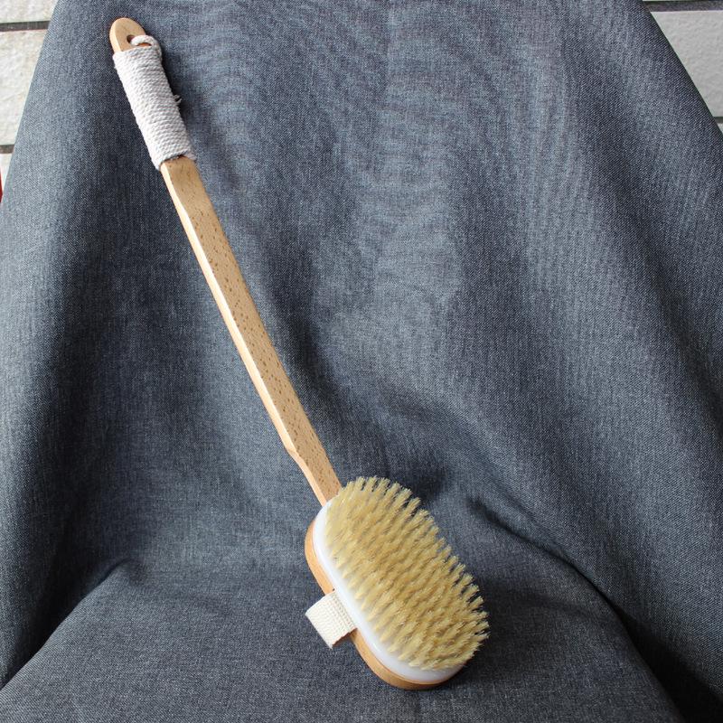 Long-Handled Boar Bristle Bath Brush, Back Scrubber, Detachable Head, Medium Soft/Hard, for Body, Dry Brushing, and Massage.