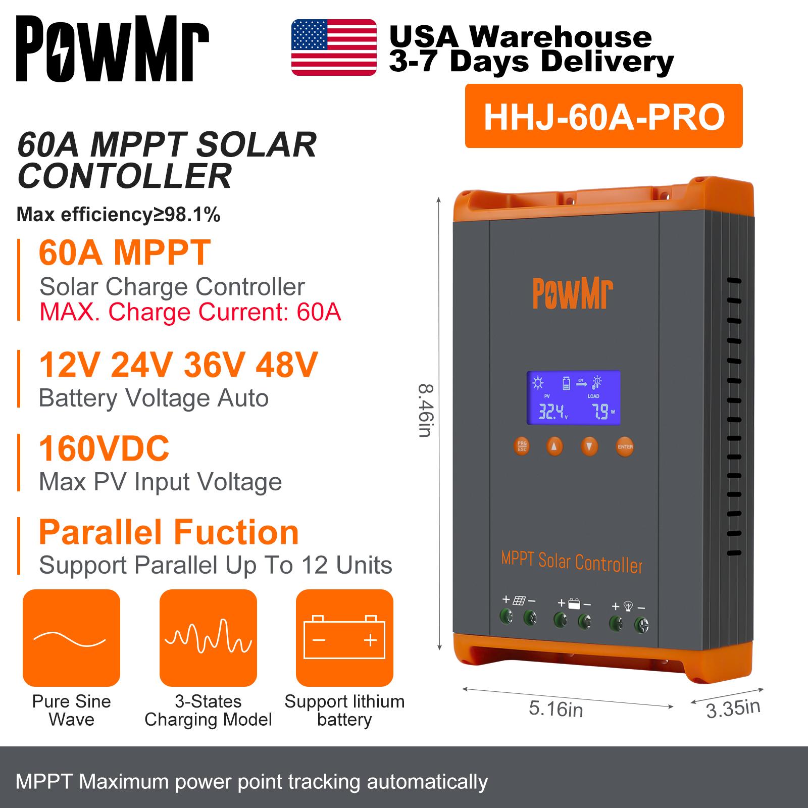 

PowMr USA 60A MPPT Solar Charge Controller Can Parallel 12PC Charging 12V 24V 36V 48V LifePo4 Battery Max 160VDC Solar Panel 12V 24V 36V 48V