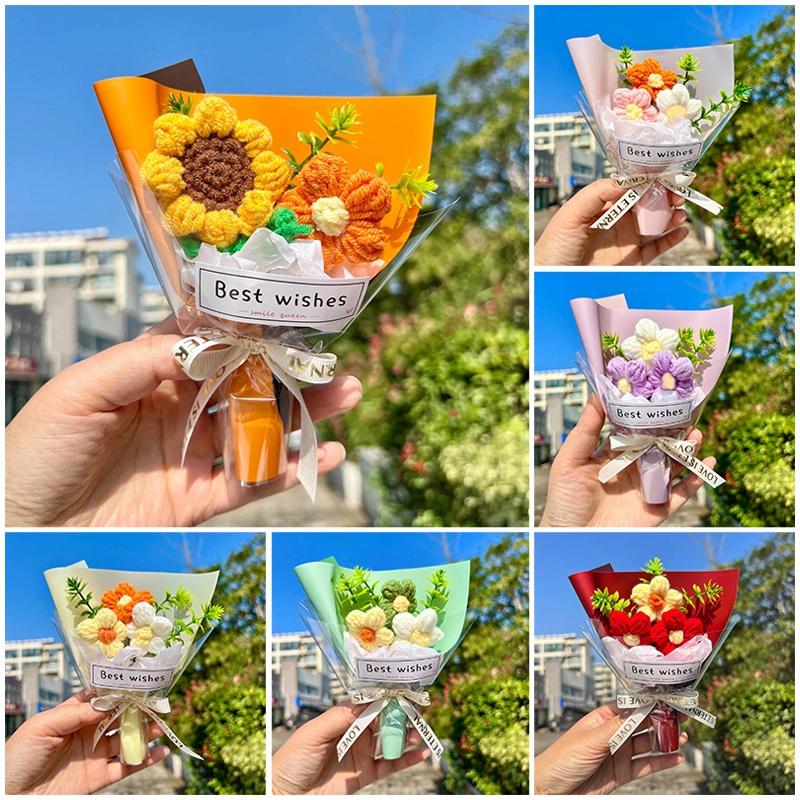 Valentine'S Day Mini Bouquet Artificial Rose Flowers Handmade Crochet Flower Bouquet Christmas Wedding Party Gifts Home Decor