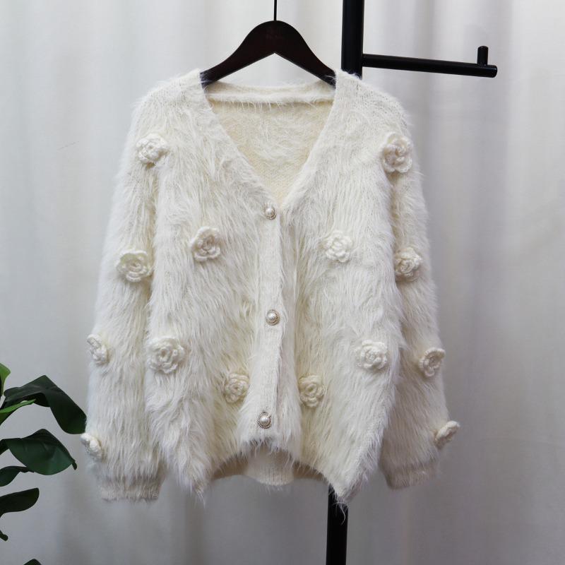 Dreidimensionale Blume Imitation Nerz Samt Gestrickte Strickjacke Damen Herbst Neu Kleiner Duftendes Temperament Locker Weich Wachsig Pulloverjacke