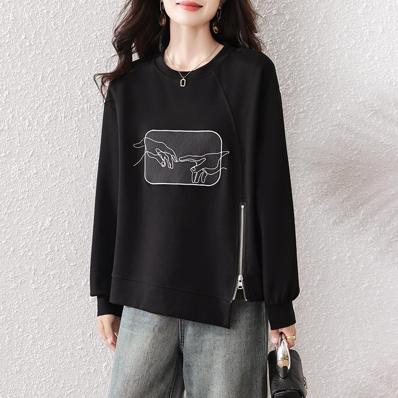 DIMANAF 2025 Autumn Plus Size Women Hoodies Shirts Tees Black Long Sleeve T-shirt Loose Casual Tops
