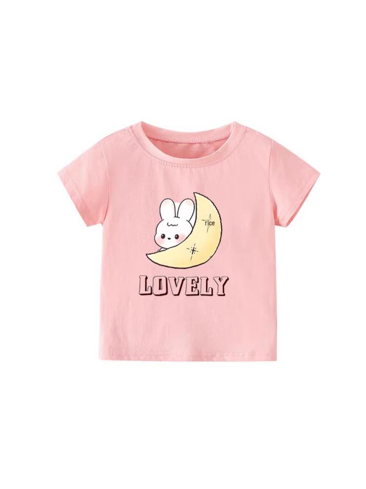 European Style Girl's Summer Cartoon Print T-shirt - Round Neck, Short Sleeve for Kids