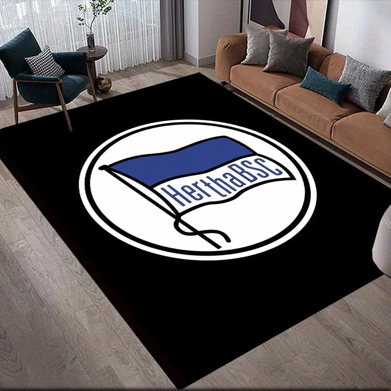 Hertha Logo Flannel Printed Carpet, Home Sofa Decoration for Living Room & Bedroom, Non‑Slip Play Flannel Floor Mat for Game Room