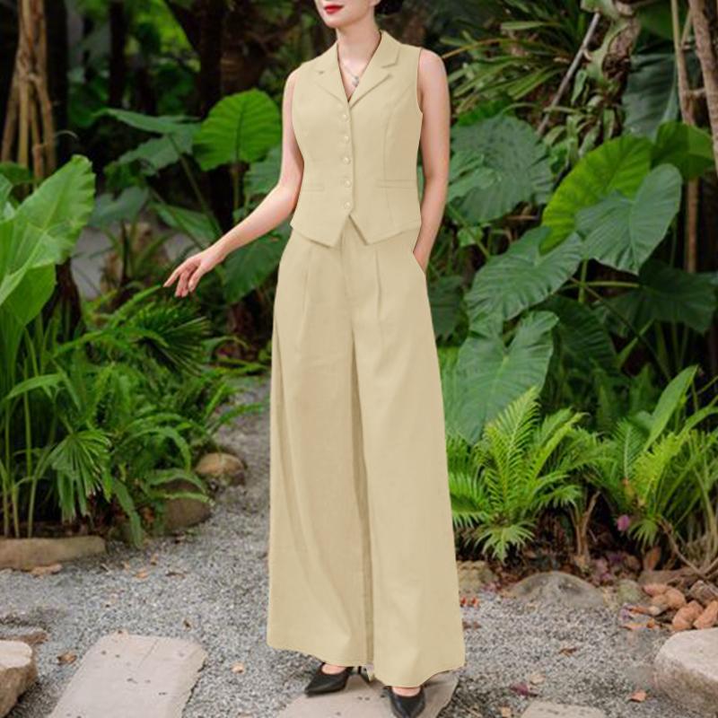 

ZANZEA Женские топы без рукавов и брюки Повседневные костюмы-двойки 2XL абрикосовый