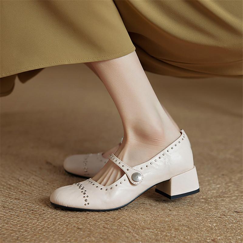 Fashion New Summer Genuine Leather Women Pumps Shoes for Women Fashion Rivet Round Toe Mary Jane Shoes Women Mid Heel Ladies Shoes