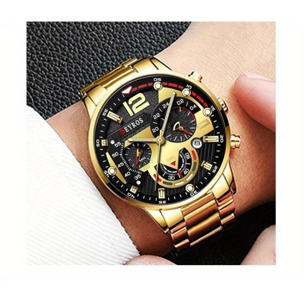 3pcs/set, Fashion Men's Business Watch, Casual Stainless Steel Quartz Wristwatch, Golden Necklace, Bracelet and Wristwatches Set