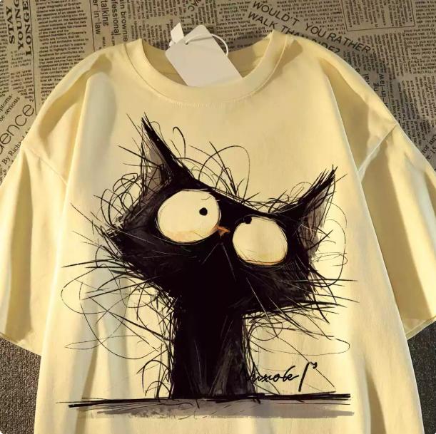 Pure Cotton Japanese Retro Style Cat Print ShortSleeved TShirt 2026 New Design American Style Versatile Couples Top