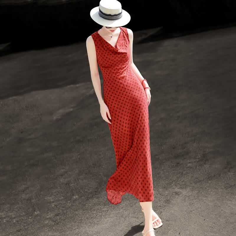 Lanser Retro Polka Dot Cowl Neck A-Line Dress L