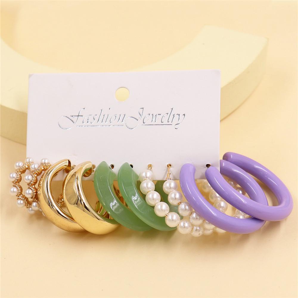 European & American Geometric C-Shaped Hoop Earrings: 6-Piece Gold & Pearl Wire-Wrapped Set for Women