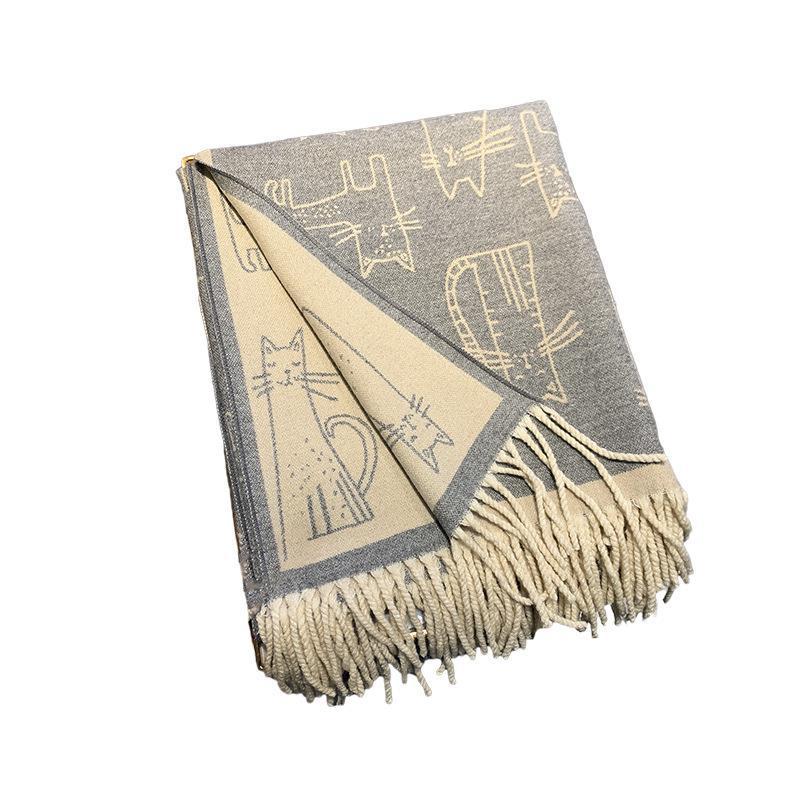 New Thick Tassel Scarf for Women Cat Print Imitation Cashmere Shawl Sun Protection Autumn and Winter Windproof Scarf