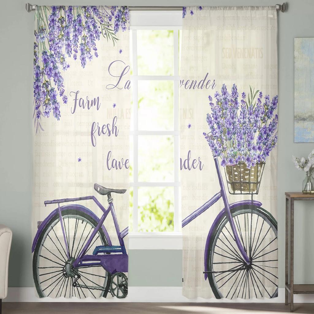 Farm Purple Fresh Flower Lavender Bicycle Tulle Window Curtains Living Room Bedroom Voile Decoration Sheer Made Of Polyester Sitting Decor