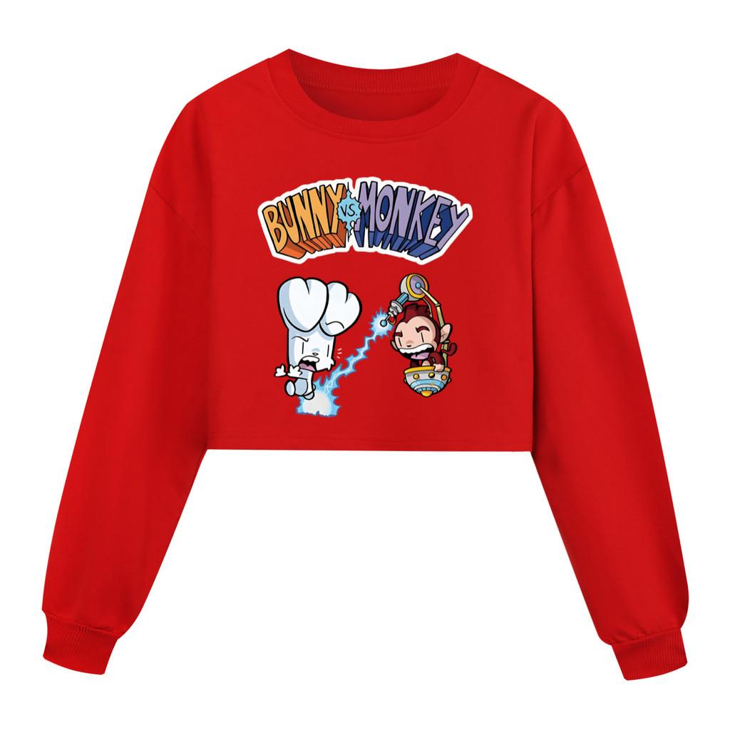 4187 Kinder Mädchen Kaninchen Affe Aufdruck Lässiger Langarm Kurzer Stil Sweatshirt