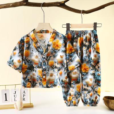Children's Home Clothes Cotton Silk Set Summer Men's and Women's Pajamas Artificial Cotton Two Piece Set Cotton Silk Air Conditioning Clothes