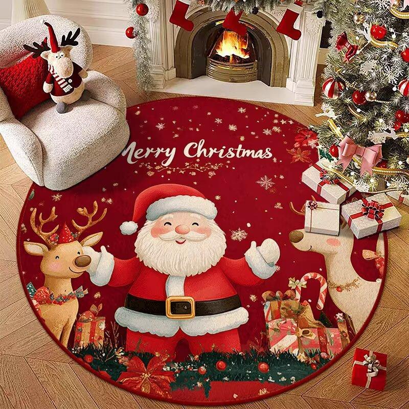 Christmas Joyful Santa Claus Gift Boxes Carpet Mat Round Red Candy Canes Rug Festive Non-slip Home Decoration for Living Room