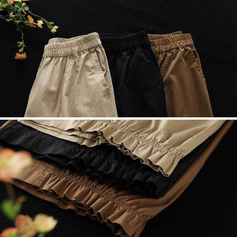Women's Summer Literary Vintage Cropped Pants Solid Color Casual Youthful Wide-Leg Pants