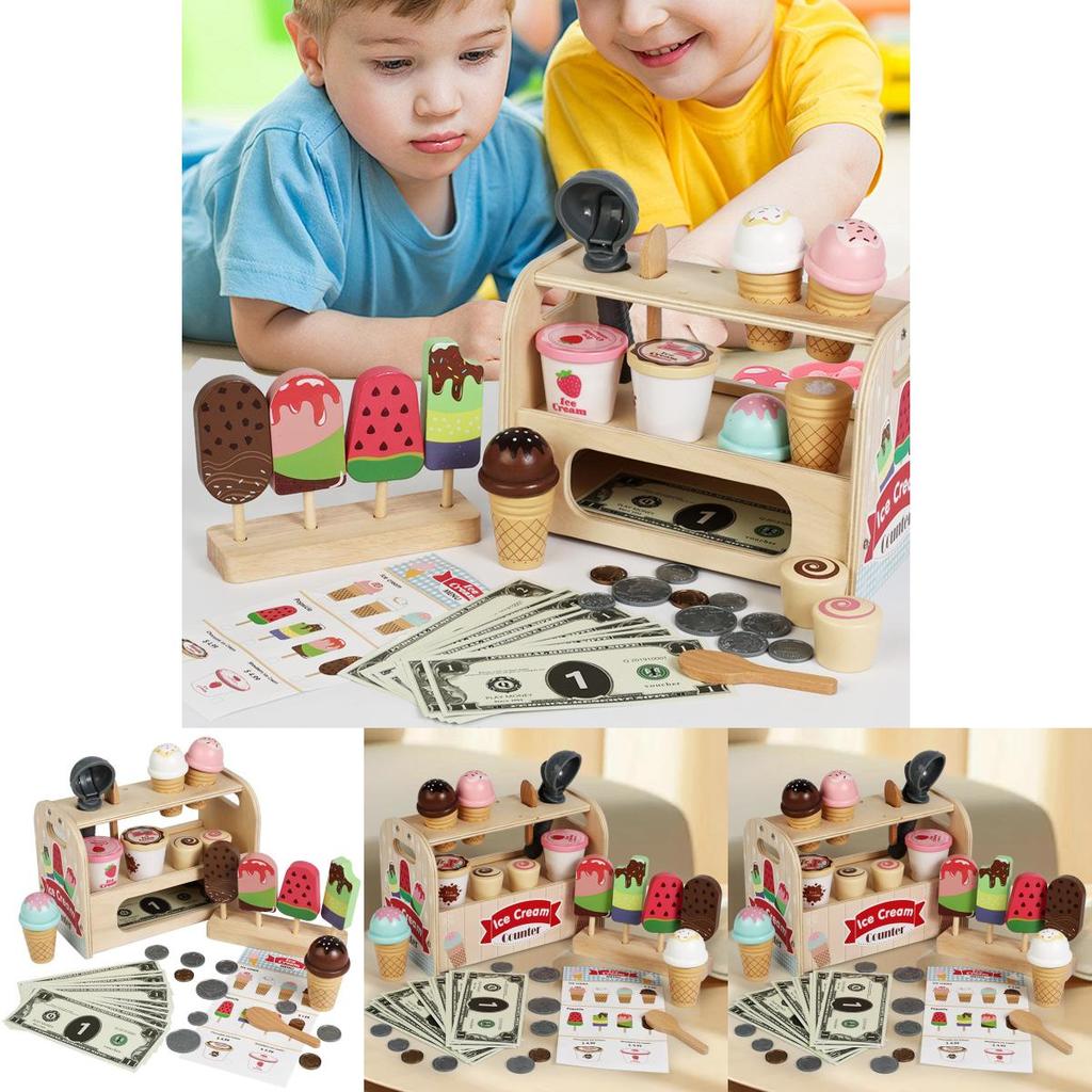 Wooden Childrens Play Kitchen Ice Cream Stand With Interactive Design For Kids Gift