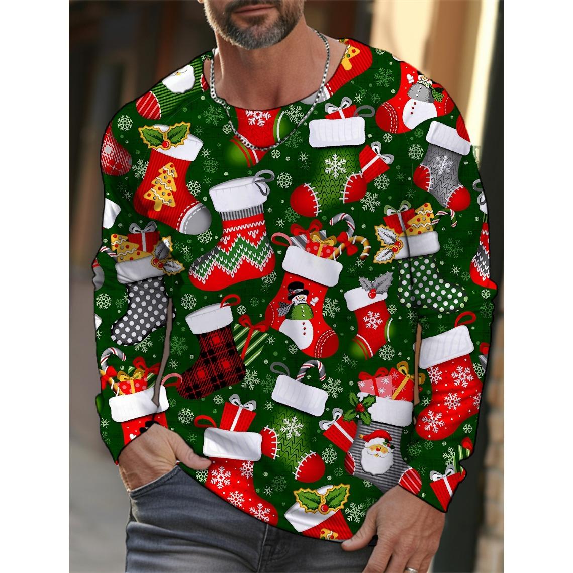 ETST0011 Heren Kerst Sneeuwvlok Print Lange Mouw T-shirt Kerst Cartoon Patroon Sport Casual Schattig Polyester Ronde Hals Lange Mouw 4XL