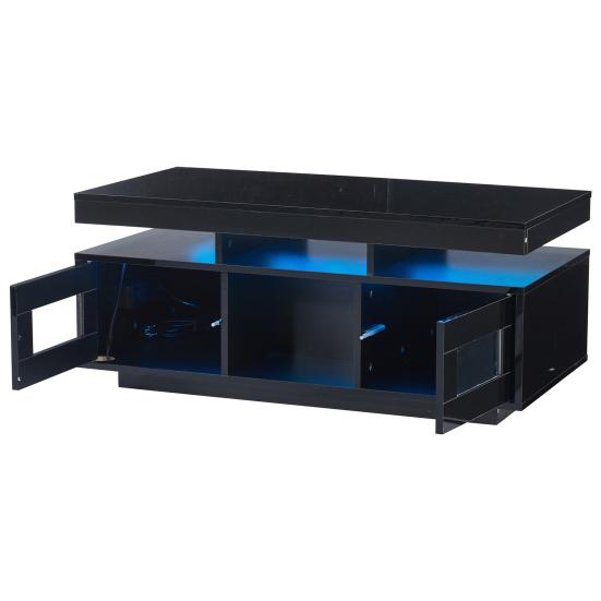 100x50x43cm Schwarzer Hochglanz-Couchtisch, mit steuerbaren LED-Leuchten, Mobile App, Wohnzimmertisch mit Schrank, Sofatisch mit Ladeanschluss und