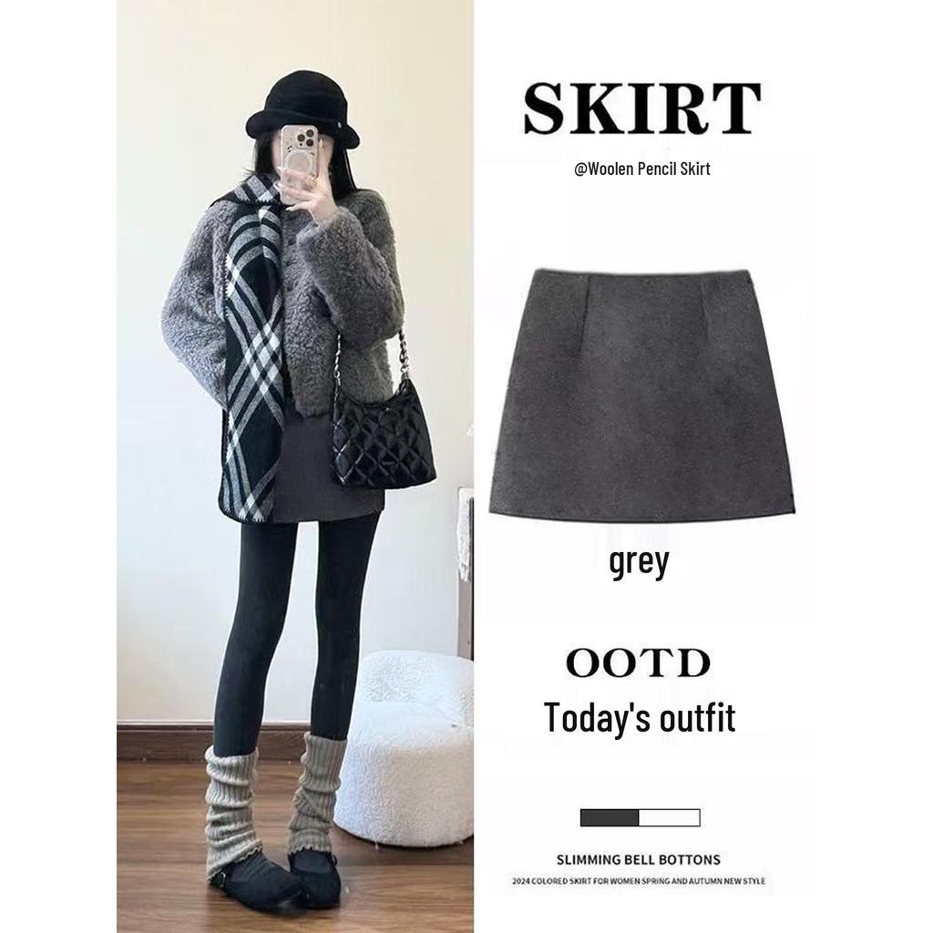 Women's Gray Wool Blend High-Waisted Bodycon A-Line Skirt - Korean Style Elegant Spring Arrival
