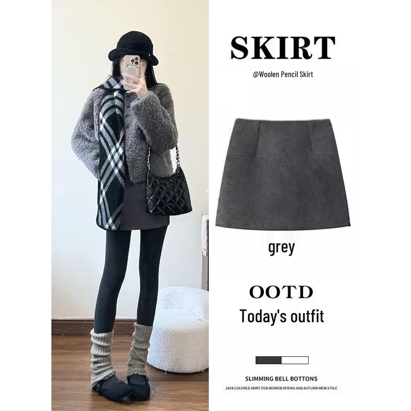 Gray Plaid Wool A-Line Polka Dot Short Skirt for Women - Winter Warm Hip-Hugging Design S Small