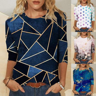 Womens Daily Summer Print O Neck Tops Three Quarter Sleeve Round Neck Tee Shirt Printed Flower Loose Side Split Blouse Tunic