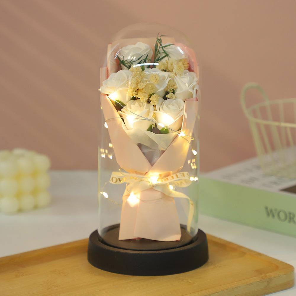 Glass cover exquisite ornament eternal dried flower rose soap bouquet Qixi Festival Valentine's Day birthday gift for boyfriend and girlfriend