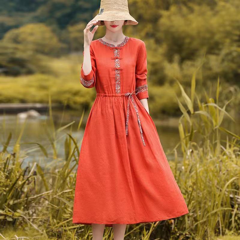 Retro Literary Cotton Linen Waist-Cinched Dress for Women - 2026 Spring/Autumn Mid-Length Long Sleeve Skirt