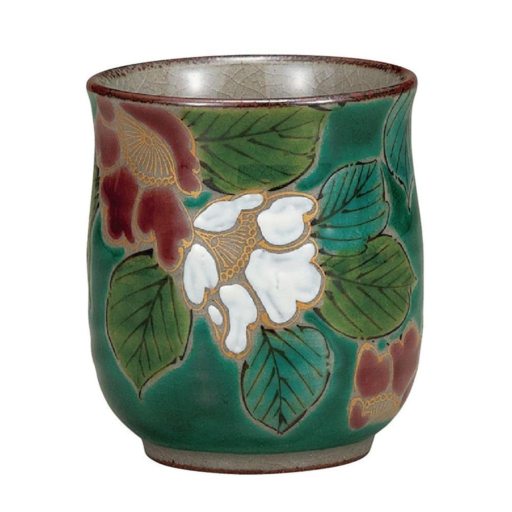 Waza No Kura Stylish Kutani Ware Teacup, Green Camellia Design, Ceramic, Brand Name, Japanese Tableware, Made In Japan, Perfect As a Birthday Present