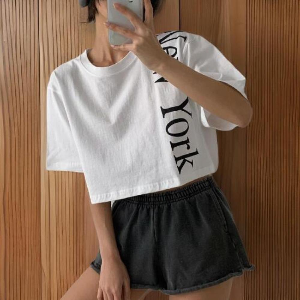 New Arrivals Open Run Women Crop Round Neck ShorT Sleeve T shirT No Color leTTer