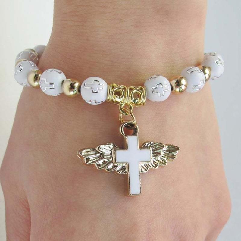 Nice Religious Stretch Bracelets Charm Angel for Cross Rosary Beads Bracelet Catholic Pendant for Women Jewelry Decor Gi