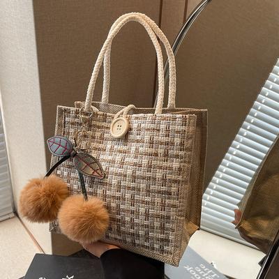 Retro Braided Pattern Jute Tote Bag Grocery Bag Women Handbag Beach Organizer Portable Shopping Bag Lunch Bag