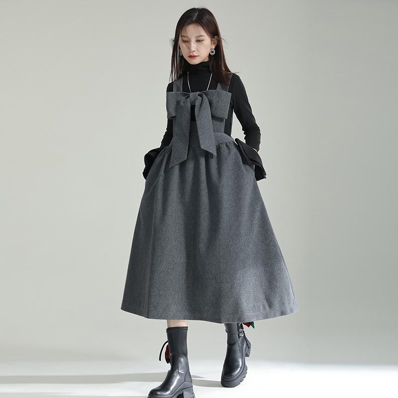 Autumn/Winter 2025 Wool A-Line Dress with Bow Detailed Straps