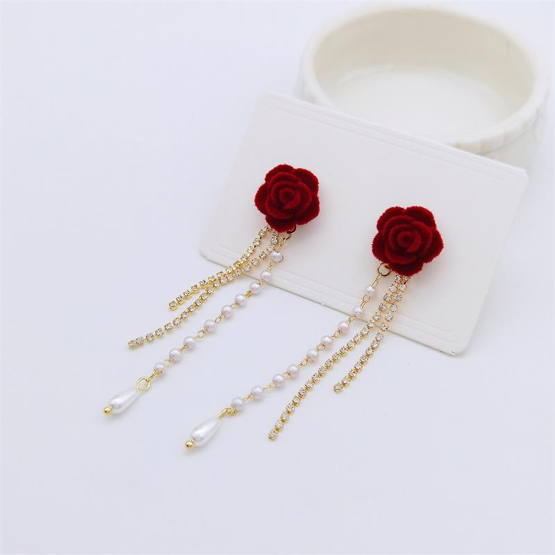 S925 Sterling Silver Red Rose Tassel Earrings: 2024 Luxury Velvet Design