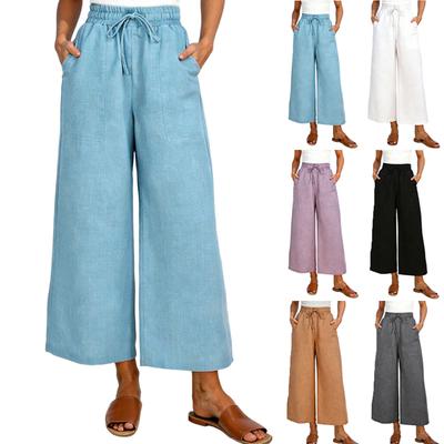 Women's Mid-length Color Drawstring Casual Pants, High-waisted, Loose Wide-leg Pants