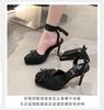 Fashion Balck Stain Lace Up Ballet Shoes Girl Pink Square Toe Bow Tie Stiletto Heel Ankle Strap Slingback Elegant Summer Sexy Pumps